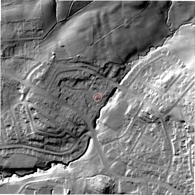 Shaded relief map of the ground around LS209JT, computed from Environment Agency LiDAR. The ground here sits at about 148 m above sea level and falls 44 m across the surrounding 800 m. Surface water reaching this point runs off ground lying to the north-north-west, 10.5 m higher.