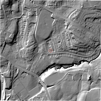 Shaded relief map of the ground around LS209LJ, computed from Environment Agency LiDAR. The ground here sits at about 135 m above sea level and falls 39 m across the surrounding 800 m. Surface water reaching this point runs off ground lying to the north-east, 16.5 m higher.