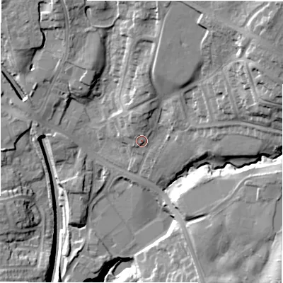 Shaded relief map of the ground around LS209LP, computed from Environment Agency LiDAR. The ground here sits at about 131 m above sea level and falls 36 m across the surrounding 800 m. Surface water reaching this point runs off ground lying to the north, 4.8 m higher.