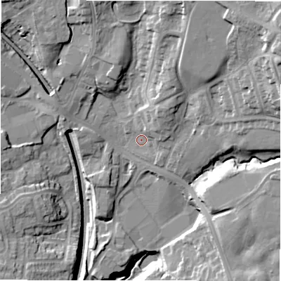 Shaded relief map of the ground around LS209LS, computed from Environment Agency LiDAR. The ground here sits at about 127 m above sea level and falls 34 m across the surrounding 800 m. Surface water reaching this point runs off ground lying to the north-east, 7.4 m higher.