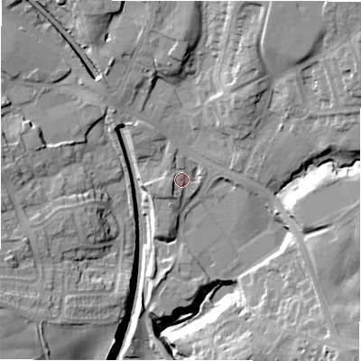 Shaded relief map of the ground around LS209LT, computed from Environment Agency LiDAR. The ground here sits at about 126 m above sea level and falls 33 m across the surrounding 800 m. Surface water reaching this point runs off ground lying to the west, 3.9 m higher.