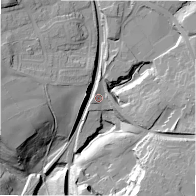 Shaded relief map of the ground around LS209LU, computed from Environment Agency LiDAR. The ground here sits at about 119 m above sea level and falls 52 m across the surrounding 800 m. Surface water reaching this point runs off ground lying to the north-east, 23.5 m higher.