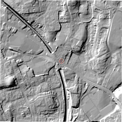 Shaded relief map of the ground around LS209NA, computed from Environment Agency LiDAR. The ground here sits at about 128 m above sea level and falls 28 m across the surrounding 800 m. Surface water reaching this point runs off ground lying to the north-north-east, 6.4 m higher.