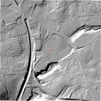 Shaded relief map of the ground around LS209NE, computed from Environment Agency LiDAR. The ground here sits at about 124 m above sea level and falls 40 m across the surrounding 800 m. The ground contributing surface water to this point lies to the east-north-east.