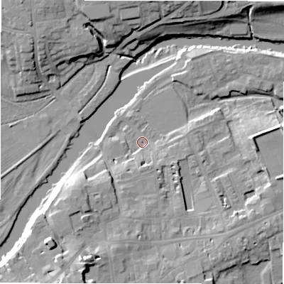 Shaded relief map of the ground around LS211AX, computed from Environment Agency LiDAR. The ground here sits at about 54 m above sea level and falls 20 m across the surrounding 800 m. Surface water reaching this point runs off ground lying to the south-south-west, 8.4 m higher.
