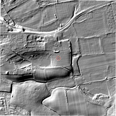 Shaded relief map of the ground around LS211DT, computed from Environment Agency LiDAR. The ground here sits at about 54 m above sea level and falls 11 m across the surrounding 800 m. Surface water reaching this point runs off ground lying to the west-north-west, 6.4 m higher.