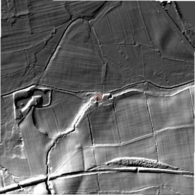 Shaded relief map of the ground around LS211DU, computed from Environment Agency LiDAR. The ground here sits at about 50 m above sea level and falls 30 m across the surrounding 800 m. Surface water reaching this point runs off ground lying to the south-south-west, 28.3 m higher.