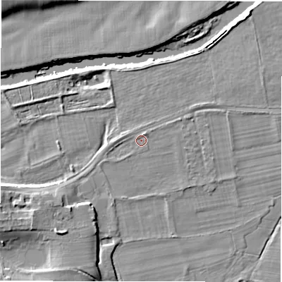 Shaded relief map of the ground around LS211DY, computed from Environment Agency LiDAR. The ground here sits at about 50 m above sea level and falls 10 m across the surrounding 800 m. Surface water reaching this point runs off ground lying to the north-north-east, 1.2 m higher.