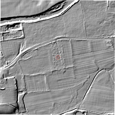 Shaded relief map of the ground around LS211DZ, computed from Environment Agency LiDAR. The ground here sits at about 50 m above sea level and falls 10 m across the surrounding 800 m. Surface water reaching this point runs off ground lying to the west-north-west, 0.9 m higher.