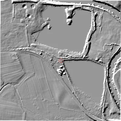 Shaded relief map of the ground around LS211EA, computed from Environment Agency LiDAR. The ground here sits at about 48 m above sea level and falls 6 m across the surrounding 800 m. Surface water reaching this point runs off ground lying to the north-west, 5.5 m higher.