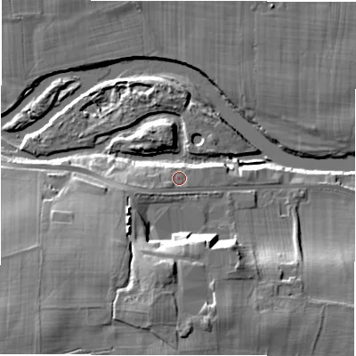 Shaded relief map of the ground around LS211EG, computed from Environment Agency LiDAR. The ground here sits at about 52 m above sea level and falls 24 m across the surrounding 800 m. Surface water reaching this point runs off ground lying to the south-west, 2.9 m higher.