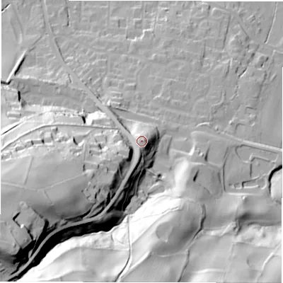 Shaded relief map of the ground around LS211EX, computed from Environment Agency LiDAR. The ground here sits at about 86 m above sea level and falls 101 m across the surrounding 800 m. Surface water reaching this point runs off ground lying to the south-south-west, 3.2 m higher.