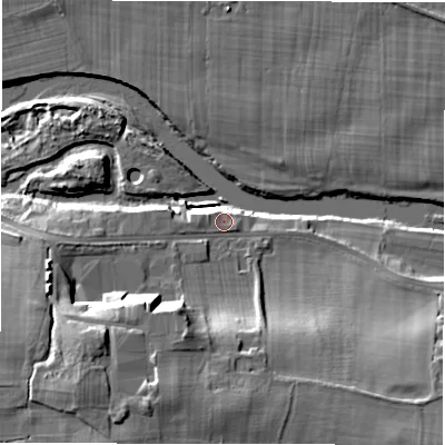 Shaded relief map of the ground around LS211FD, computed from Environment Agency LiDAR. The ground here sits at about 49 m above sea level and falls 22 m across the surrounding 800 m. Surface water reaching this point runs off ground lying to the west, 4.5 m higher.