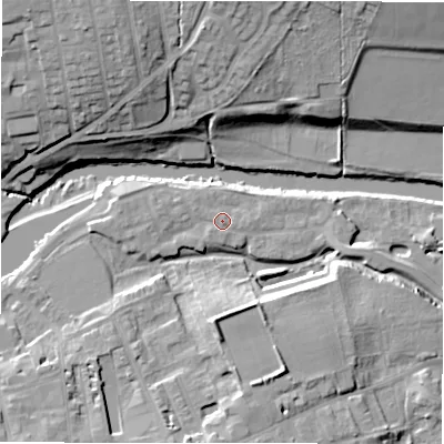 Shaded relief map of the ground around LS211FE, computed from Environment Agency LiDAR. The ground here sits at about 54 m above sea level and falls 23 m across the surrounding 800 m. Surface water reaching this point runs off ground lying to the west, 1.6 m higher.