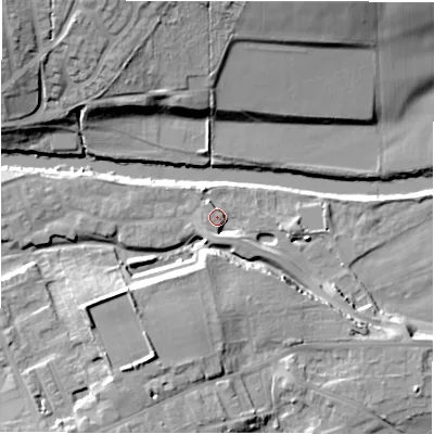 Shaded relief map of the ground around LS211FF, computed from Environment Agency LiDAR. The ground here sits at about 53 m above sea level and falls 22 m across the surrounding 800 m. Surface water reaching this point runs off ground lying to the south-west, 11.5 m higher.