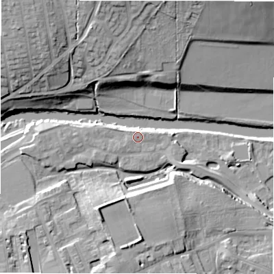 Shaded relief map of the ground around LS211FG, computed from Environment Agency LiDAR. The ground here sits at about 53 m above sea level and falls 24 m across the surrounding 800 m. Surface water reaching this point runs off ground lying to the south-west, 0.7 m higher.