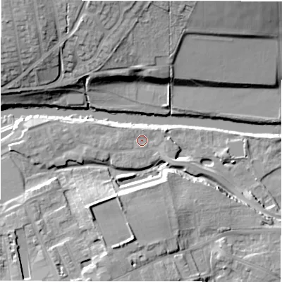 Shaded relief map of the ground around LS211FH, computed from Environment Agency LiDAR. The ground here sits at about 53 m above sea level and falls 23 m across the surrounding 800 m. Surface water reaching this point runs off ground lying to the west-north-west, 1.4 m higher.