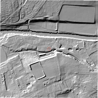 Shaded relief map of the ground around LS211FJ, computed from Environment Agency LiDAR. The ground here sits at about 53 m above sea level and falls 22 m across the surrounding 800 m. Surface water reaching this point runs off ground lying to the south-south-west, 10.5 m higher.