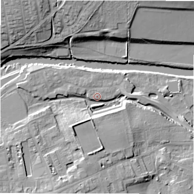 Shaded relief map of the ground around LS211FN, computed from Environment Agency LiDAR. The ground here sits at about 53 m above sea level and falls 22 m across the surrounding 800 m. Surface water reaching this point runs off ground lying to the south-south-west, 11.0 m higher.