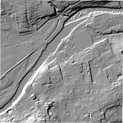 Shaded relief map of the ground around LS211FP, computed from Environment Agency LiDAR. The ground here sits at about 54 m above sea level and falls 26 m across the surrounding 800 m. Surface water reaching this point runs off ground lying to the south-south-west, 13.7 m higher.