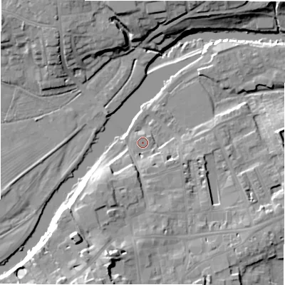 Shaded relief map of the ground around LS211FQ, computed from Environment Agency LiDAR. The ground here sits at about 55 m above sea level and falls 21 m across the surrounding 800 m. Surface water reaching this point runs off ground lying to the south, 4.4 m higher.