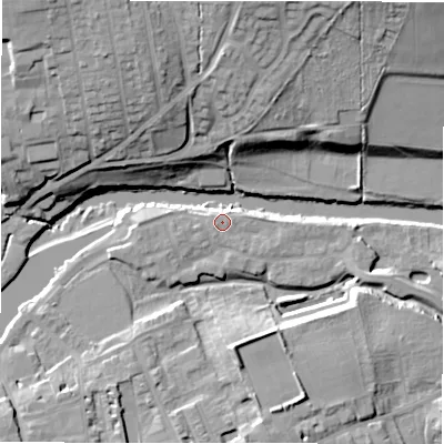 Shaded relief map of the ground around LS211FS, computed from Environment Agency LiDAR. The ground here sits at about 53 m above sea level and falls 25 m across the surrounding 800 m. Surface water reaching this point runs off ground lying to the south-south-west, 0.6 m higher.