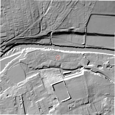 Shaded relief map of the ground around LS211FT, computed from Environment Agency LiDAR. The ground here sits at about 53 m above sea level and falls 23 m across the surrounding 800 m. Surface water reaching this point runs off ground lying to the south-west, 1.3 m higher.