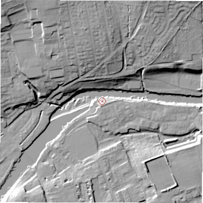 Shaded relief map of the ground around LS211FU, computed from Environment Agency LiDAR. The ground here sits at about 53 m above sea level and falls 26 m across the surrounding 800 m. Surface water reaching this point runs off ground lying to the south, 7.1 m higher.