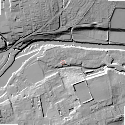 Shaded relief map of the ground around LS211FX, computed from Environment Agency LiDAR. The ground here sits at about 53 m above sea level and falls 22 m across the surrounding 800 m. Surface water reaching this point runs off ground lying to the south-south-east, 11.7 m higher.