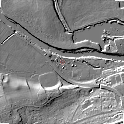 Shaded relief map of the ground around LS211FZ, computed from Environment Agency LiDAR. The ground here sits at about 55 m above sea level and falls 28 m across the surrounding 800 m. Surface water reaching this point runs off ground lying to the west-north-west, 3.5 m higher.
