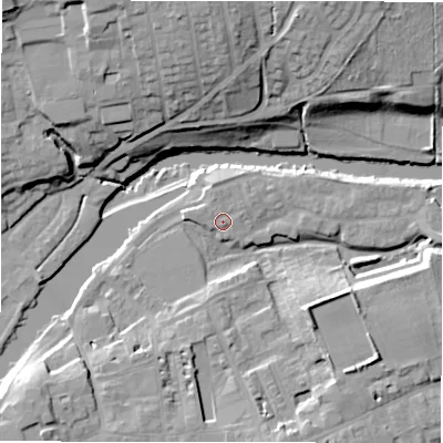 Shaded relief map of the ground around LS211GA, computed from Environment Agency LiDAR. The ground here sits at about 54 m above sea level and falls 23 m across the surrounding 800 m. Surface water reaching this point runs off ground lying to the west-north-west, 0.8 m higher.