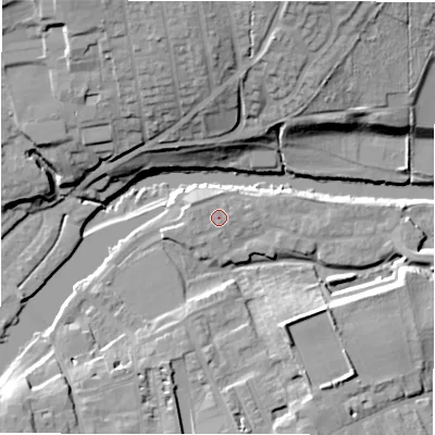 Shaded relief map of the ground around LS211GB, computed from Environment Agency LiDAR. The ground here sits at about 54 m above sea level and falls 24 m across the surrounding 800 m. Surface water reaching this point runs off ground lying to the west-south-west, 0.8 m higher.