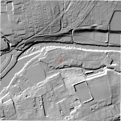 Shaded relief map of the ground around LS211GD, computed from Environment Agency LiDAR. The ground here sits at about 54 m above sea level and falls 23 m across the surrounding 800 m. Surface water reaching this point runs off ground lying to the west, 1.6 m higher.