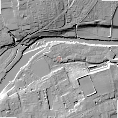 Shaded relief map of the ground around LS211GE, computed from Environment Agency LiDAR. The ground here sits at about 54 m above sea level and falls 22 m across the surrounding 800 m. Surface water reaching this point runs off ground lying to the south-east, 11.7 m higher.