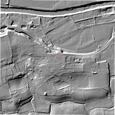 Shaded relief map of the ground around LS211HL, computed from Environment Agency LiDAR. The ground here sits at about 57 m above sea level and falls 13 m across the surrounding 800 m. Surface water reaching this point runs off ground lying to the south-west, 0.8 m higher.