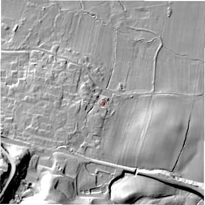 Shaded relief map of the ground around LS211JY, computed from Environment Agency LiDAR. The ground here sits at about 59 m above sea level and falls 53 m across the surrounding 800 m. Surface water reaching this point runs off ground lying to the south-south-west, 27.1 m higher.