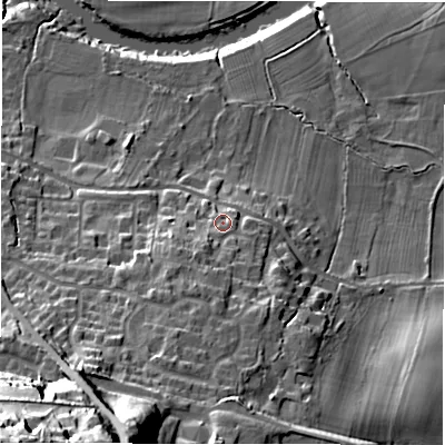 Shaded relief map of the ground around LS211JZ, computed from Environment Agency LiDAR. The ground here sits at about 57 m above sea level and falls 65 m across the surrounding 800 m. Surface water reaching this point runs off ground lying to the south-south-west, 5.5 m higher.