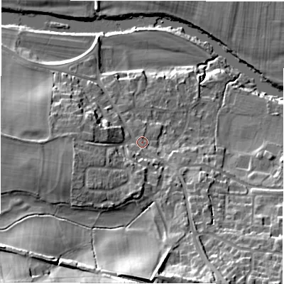 Shaded relief map of the ground around LS211LH, computed from Environment Agency LiDAR. The ground here sits at about 52 m above sea level and falls 29 m across the surrounding 800 m. Surface water reaching this point runs off ground lying to the south-south-east, 3.4 m higher.
