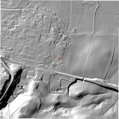 Shaded relief map of the ground around LS211NQ, computed from Environment Agency LiDAR. The ground here sits at about 64 m above sea level and falls 67 m across the surrounding 800 m. Surface water reaching this point runs off ground lying to the south, 1.8 m higher.