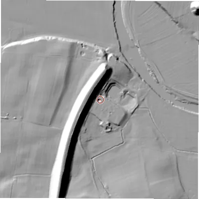 Shaded relief map of the ground around LS211NZ, computed from Environment Agency LiDAR. The ground here sits at about 45 m above sea level and falls 28 m across the surrounding 800 m. Surface water reaching this point runs off ground lying to the west-north-west, 20.5 m higher.