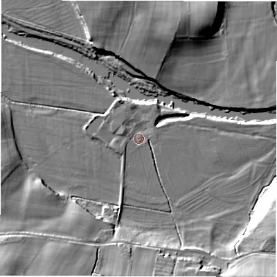 Shaded relief map of the ground around LS211PF, computed from Environment Agency LiDAR. The ground here sits at about 41 m above sea level and falls 23 m across the surrounding 800 m. Surface water reaching this point runs off ground lying to the west-north-west, 1.7 m higher.