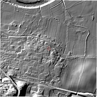 Shaded relief map of the ground around LS211QN, computed from Environment Agency LiDAR. The ground here sits at about 57 m above sea level and falls 68 m across the surrounding 800 m. Surface water reaching this point runs off ground lying to the south-south-west, 34.1 m higher.