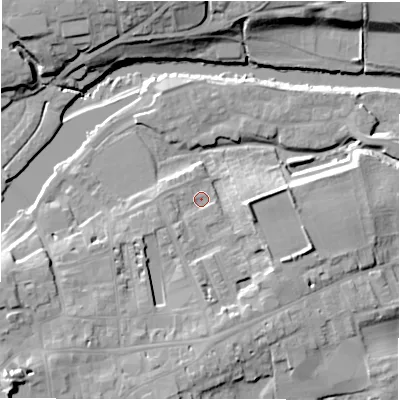 Shaded relief map of the ground around LS211SU, computed from Environment Agency LiDAR. The ground here sits at about 54 m above sea level and falls 21 m across the surrounding 800 m. Surface water reaching this point runs off ground lying to the south-west, 8.5 m higher.