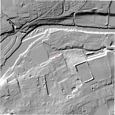 Shaded relief map of the ground around LS211SX, computed from Environment Agency LiDAR. The ground here sits at about 54 m above sea level and falls 20 m across the surrounding 800 m. Surface water reaching this point runs off ground lying to the south-west, 12.9 m higher.