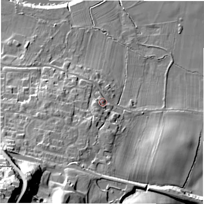 Shaded relief map of the ground around LS211TX, computed from Environment Agency LiDAR. The ground here sits at about 57 m above sea level and falls 66 m across the surrounding 800 m. Surface water reaching this point runs off ground lying to the south-west, 5.3 m higher.