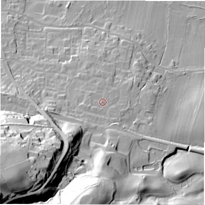 Shaded relief map of the ground around LS211TY, computed from Environment Agency LiDAR. The ground here sits at about 65 m above sea level and falls 84 m across the surrounding 800 m. Surface water reaching this point runs off ground lying to the west-south-west, 2.0 m higher.