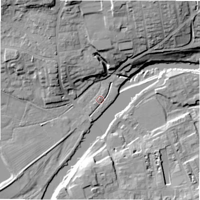 Shaded relief map of the ground around LS212AA, computed from Environment Agency LiDAR. The ground here sits at about 53 m above sea level and falls 22 m across the surrounding 800 m. Surface water reaching this point runs off ground lying to the north-north-west, 16.3 m higher.
