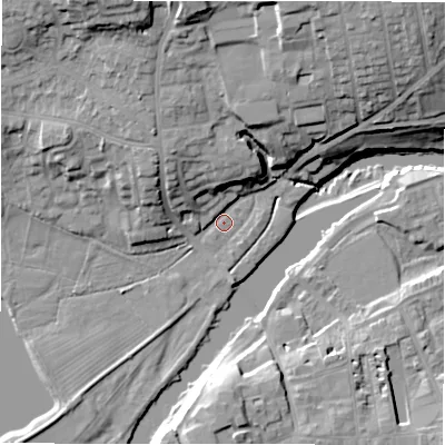 Shaded relief map of the ground around LS212AB, computed from Environment Agency LiDAR. The ground here sits at about 53 m above sea level and falls 23 m across the surrounding 800 m. Surface water reaching this point runs off ground lying to the north-west, 9.6 m higher.