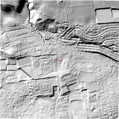 Shaded relief map of the ground around LS212AF, computed from Environment Agency LiDAR. The ground here sits at about 76 m above sea level and falls 56 m across the surrounding 800 m. Surface water reaching this point runs off ground lying to the north, 41.7 m higher.