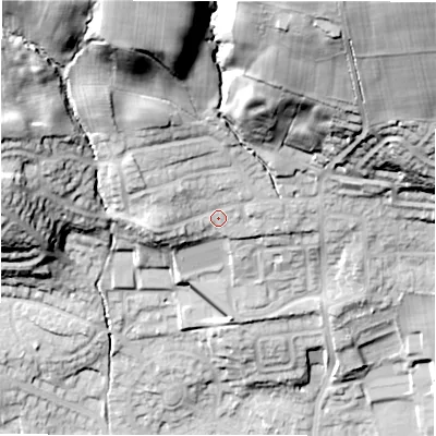 Shaded relief map of the ground around LS212AL, computed from Environment Agency LiDAR. The ground here sits at about 80 m above sea level and falls 59 m across the surrounding 800 m. Surface water reaching this point runs off ground lying to the north-north-west, 33.9 m higher.